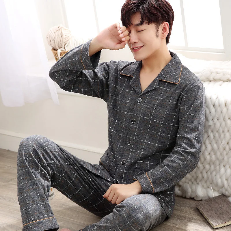 Pajama Sets Men Spring Fall Winter Cotton Long-Sleeved Large Size Leisure Sleepwear