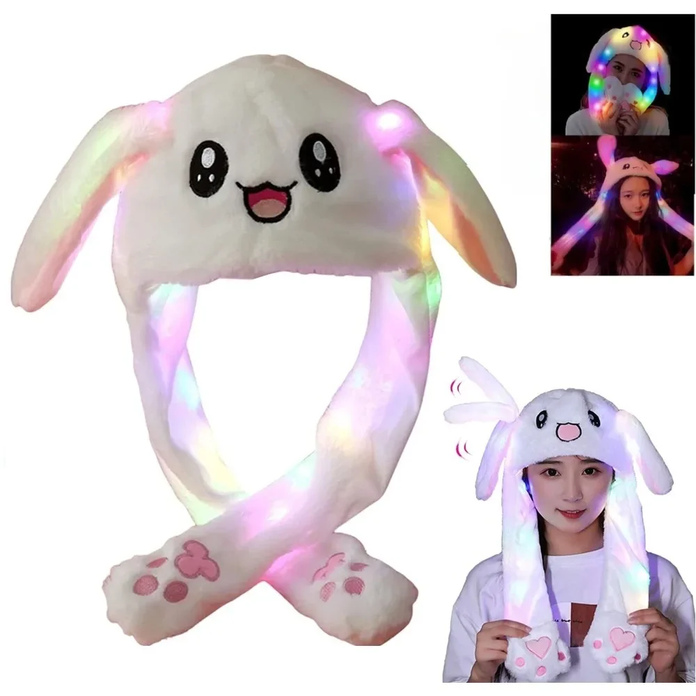 Glowing Rabbit Ears Hat Cute Moving Ears Cap Adult Children Funny LED Plush Rabbit Hats Festival Party Dress Up Cosplay Props