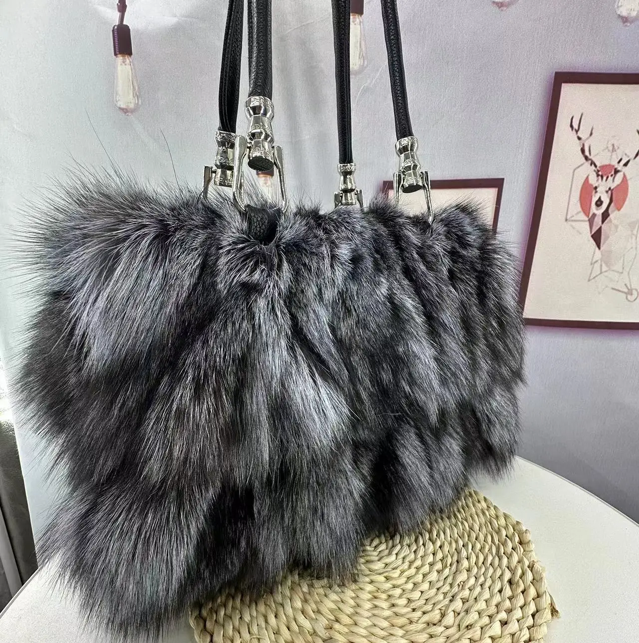 Large Capacity Genuine Fox Fur Tote Bag Versatile Handbag For Commuter Luxury Designer Plush Bags Women's Bag Shopping Bags