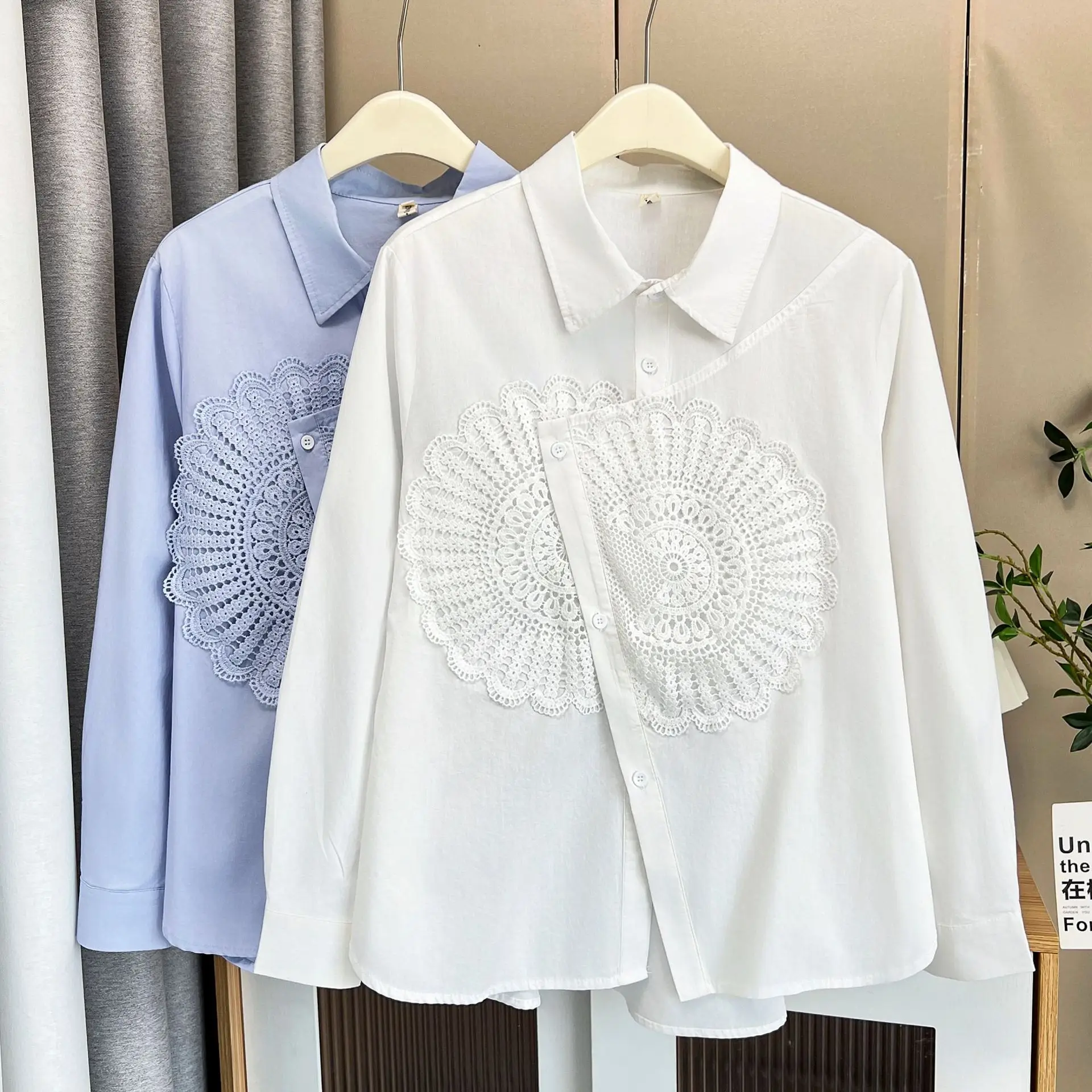 Spring Plus Size Women's Blouses New Design Lace Flower Long Sleeved Cotton Shirt 100kg Casual Tops 6177