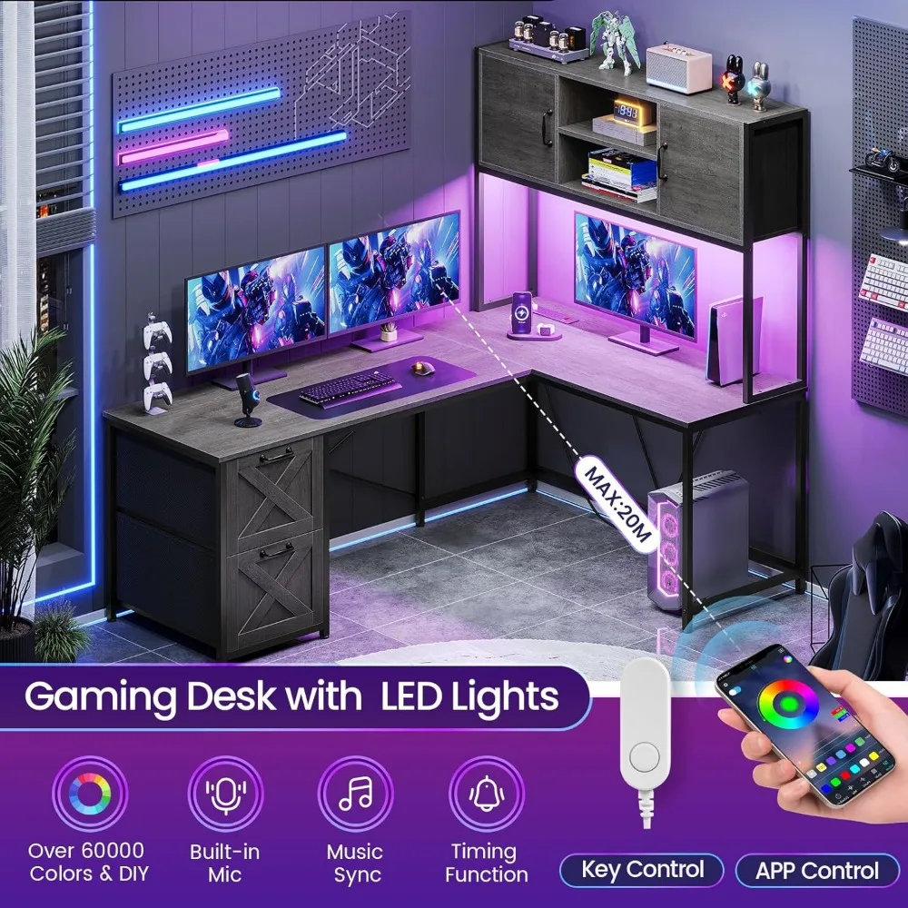 L Shaped Gaming Desk, Reversible Computer Desk with Fabric Drawers and Power Outlet, Gaming Desk with Led Lights 4