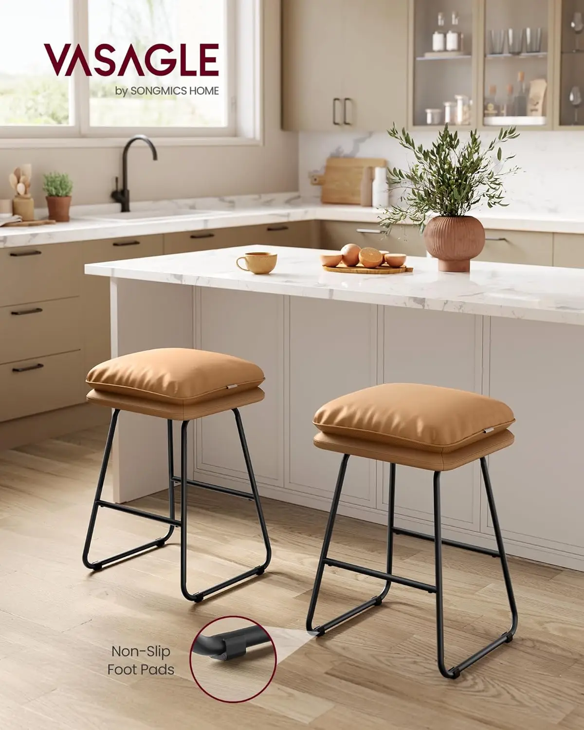 Stools Set of 2, Counter Height Stools, Leather Counter Stools Barstools, 25.6 Inches Height Bar Chairs