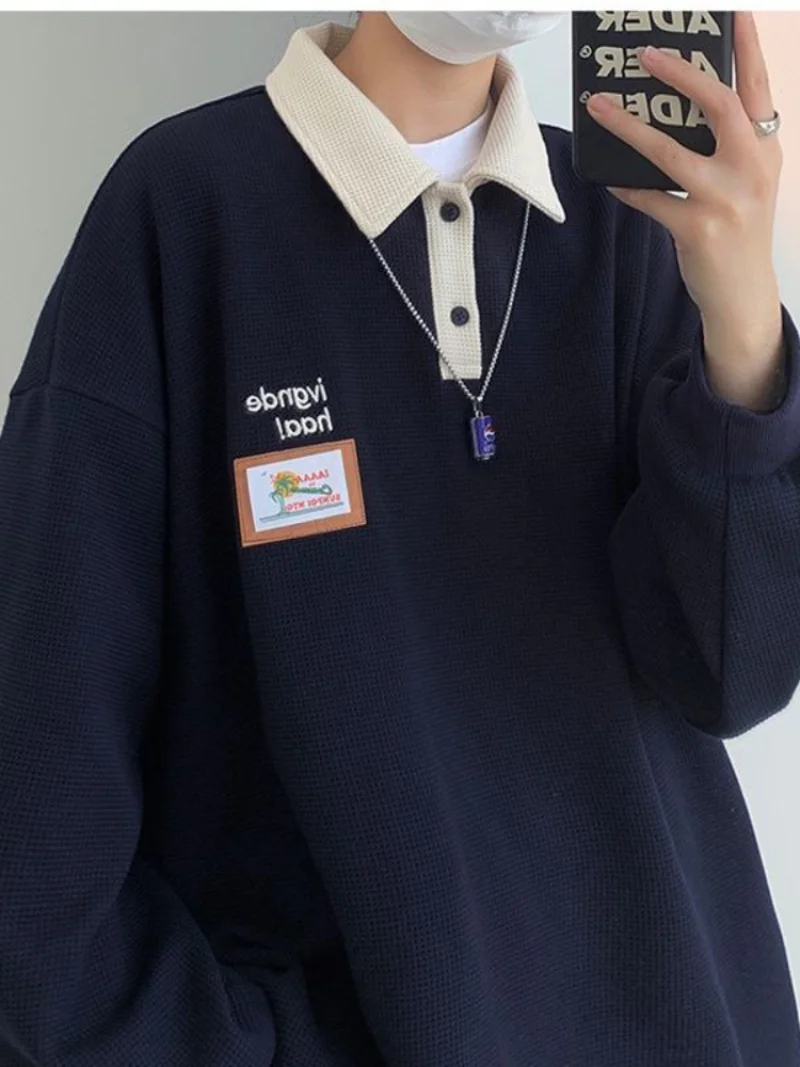 

American Retro Vintag Sweatshirt Men Spring Autumn Loose Lapel Shirt Unisex Waffle Lapel Top Korean Fashion Harajuku Navy Tees