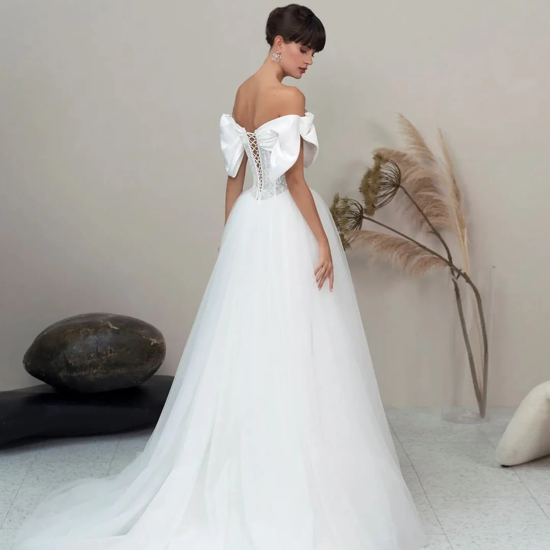 Off Shoulder Lace Appliques Princess Beach Wedding Dress