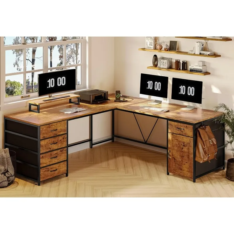 SEDETA L Shaped Desk with 5 Drawer & Power Outlet, Long Home Office Desk or Corner Desk, L Shaped Corner Desk with Monitor Shelf work storage office desk standing wooden drawer laptop pad monitor luxury office desk modern bureau home office accessories