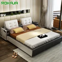 Les lits de luxe modernes de chambre à coucher de meubles indiens ont une chambre à coucher en cuir légère de LED avec USB 1