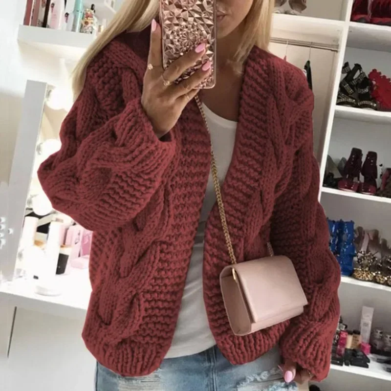 

Autumn and Winter Thicken Knitted Sweater Women Fashion Twists Casual Cardigan Sweaters Women Solid Warm Cardigans Jacket 29821
