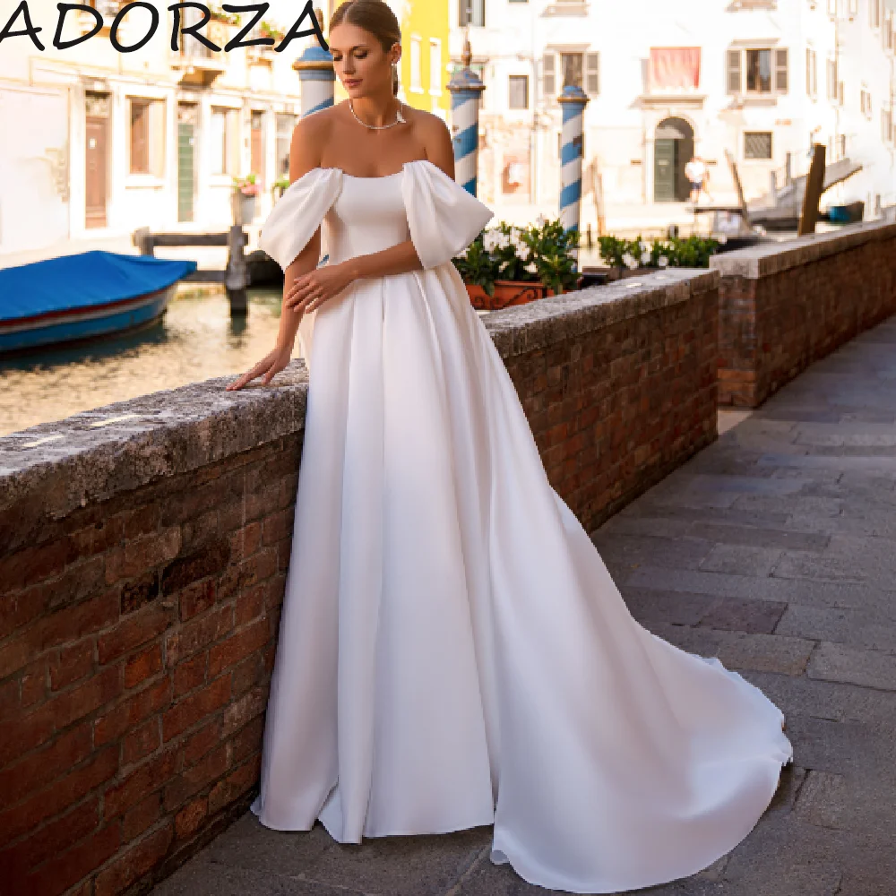

Adorza A-line Wedding Dresses For Woman Charming Satin Two Pieces Detachable Off The Shoulder Brush Train 2024 Vestidos De Novia