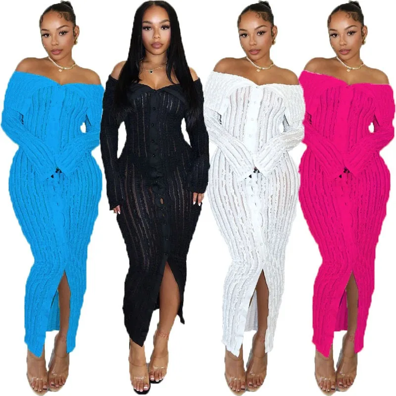 

Elegant Women Midi Dress Solid Off Shoulder Button Up Bodycon Dresses 2024 Spring Sexy Hollow Out Slit Birthday Party Vestidos