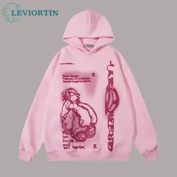 Streetwear Men Hoodie Sweatshirt Pink Black Funny Cartoon Graphic Hoodie Tops Y2K Autumn Harajuku Anime Hooded Pullover Hip Hop