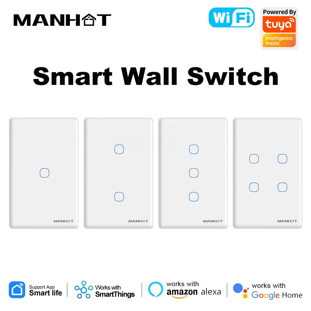 สวิตช์ไฟอัจฉริยะ Tuya Smart Wifi+RF433 แบบมีสายกลางหรือไม่มีสายกลาง แผงสัมผัส สวิตช์ติดผนังแบบอเมริกัน ควบคุมด้วยเสียงผ่าน Alexa และ Google Home 1