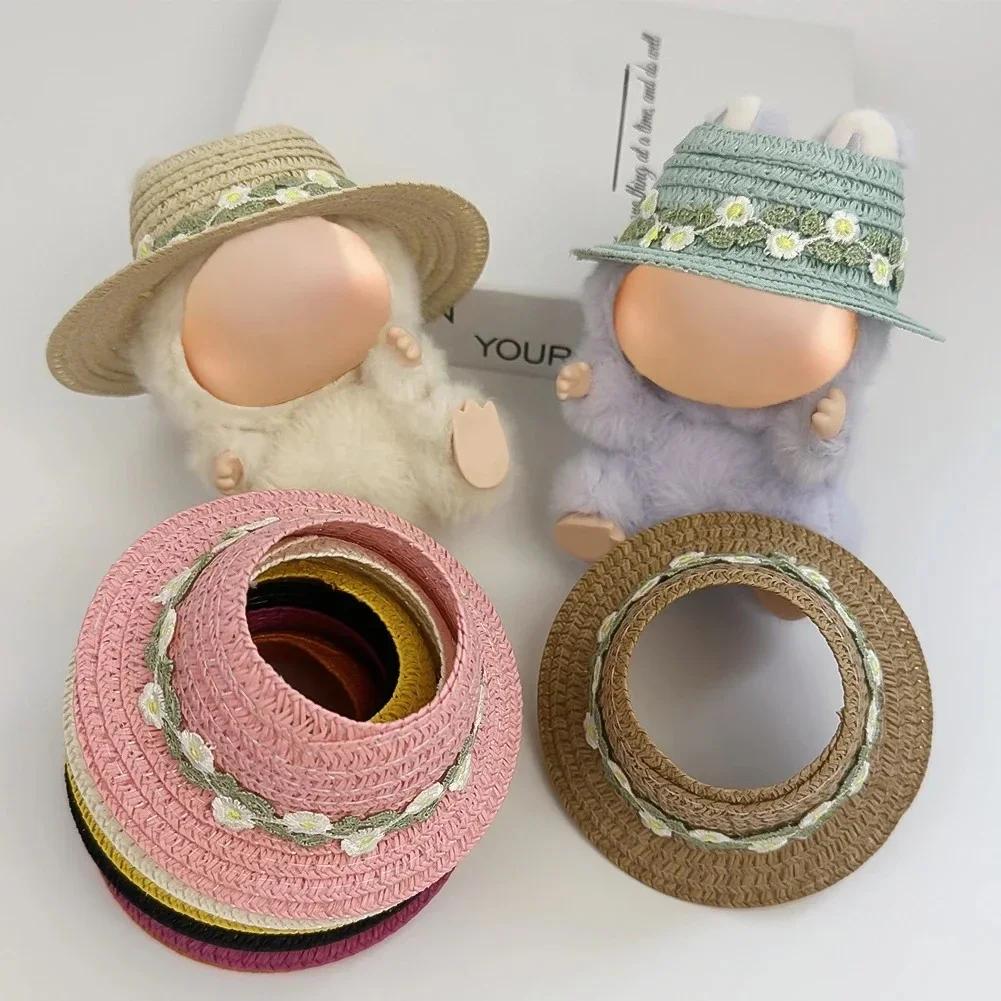 Clothes for Labubu Open-Top Straw Hat Flower Hat with Bow 1st 2nd 3rd Gen for 17cm Labubu Sitting Party Outfit Accessories 3