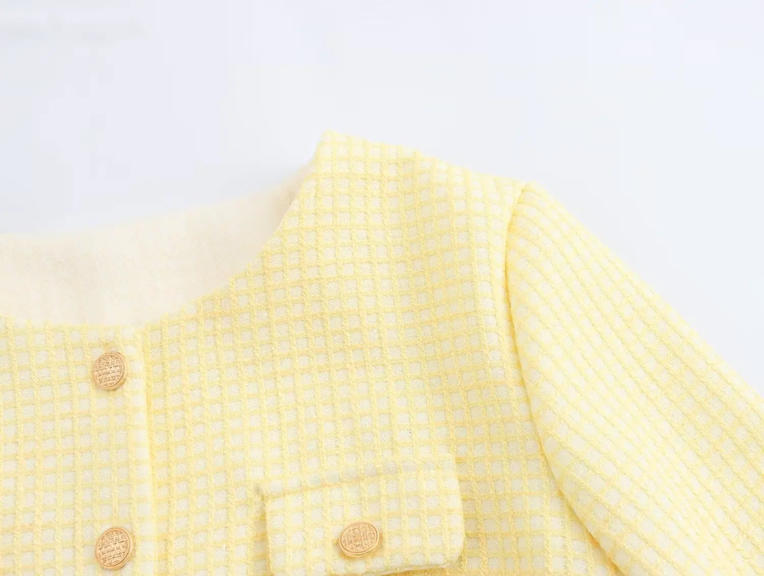 Abrigo de tweed a cuadros amarillo con cuello redondo para otoño, chaqueta corta vintage con bolsillos delanteros y botones dorados para mujer, chaqueta elegante