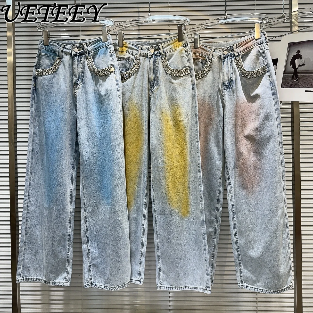 

Streetwear Baggy Pants 2024 Spring New Hot Girl Rhinestone Beaded Pocket Jeans Women Heavy Industry Tie-Dyed Y2k Wide Leg Pants