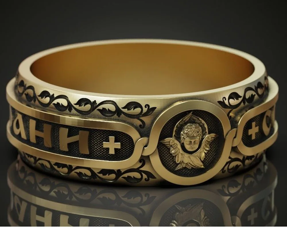 

7g Ring Cherub Orthodox Christian Men Gold Ring 925 Solid Sterling Silver Rings