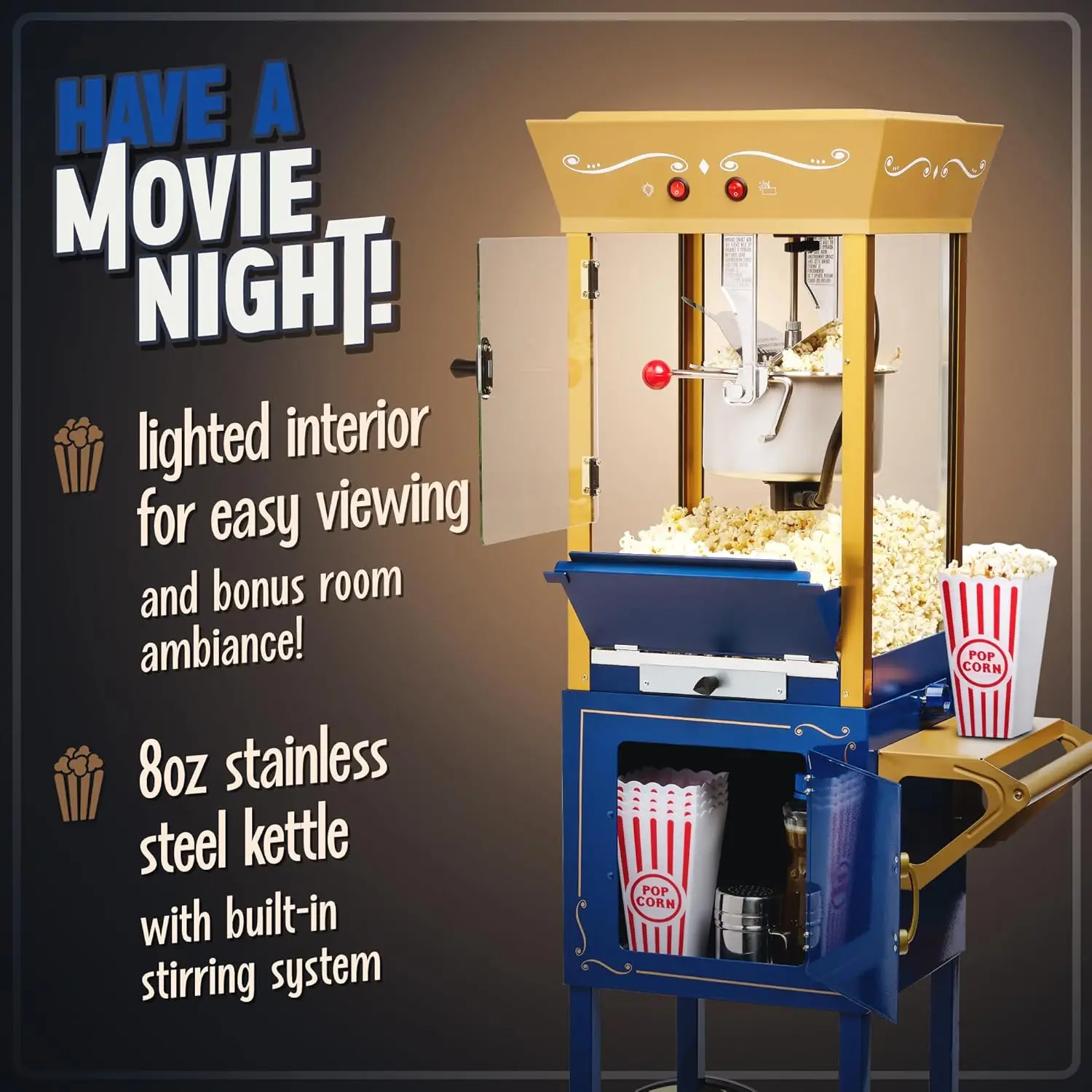 Popcorn Maker Machine-Professional Cart With 8 Oz Kettle Makes Up to 32 Cups-Vintage Popcorn Machine Movie Theater