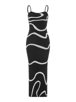 Women's Summer Cami Knit Dress Wavy Print Spaghetti Strap Open Back Party Midi Dress 5