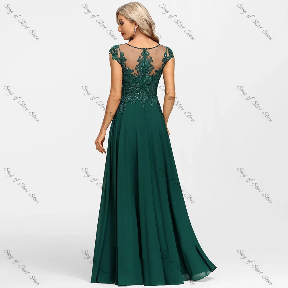 O-Neck A-Line Emerald Mother of the Bride Dresses Side Slit Lace Appliques Sequined Chiffon for Wedding Guest Prom Gowns Mom mother bride dresses