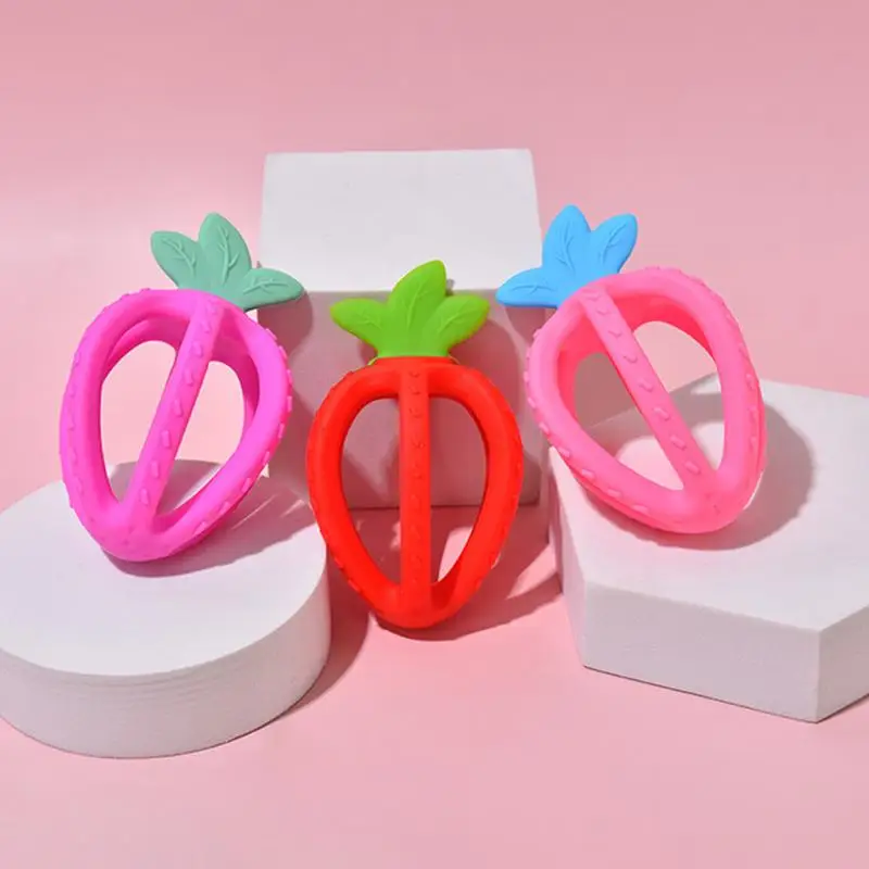 Baby Teething Ball Soothing Teether Designed In Lovely Strawberry Shape Silicone Molar Chew Toy Exercise The Flexibility Of The