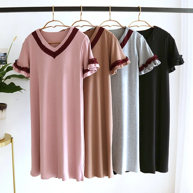 

Summer Modal Womens Nightdress Lace Bra Cup Integrated Home Dress Loose Elastic Sexy Sleepwear Short Solid Nightgowns Pijamas