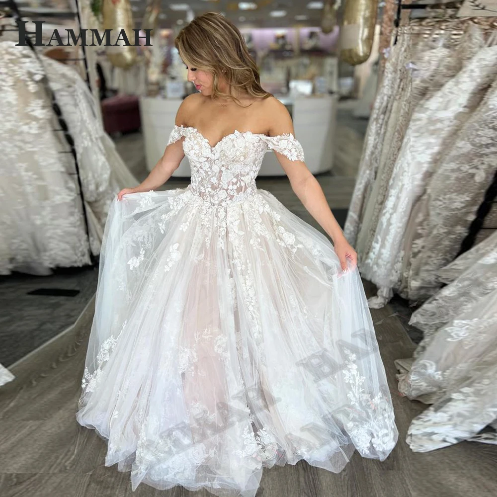

HAMMAH Fashionable Neck Wedding Dresses For Bride Off The Shoulder Vintage A Line Tulle Appliques Lacing Up Robe De Mariée