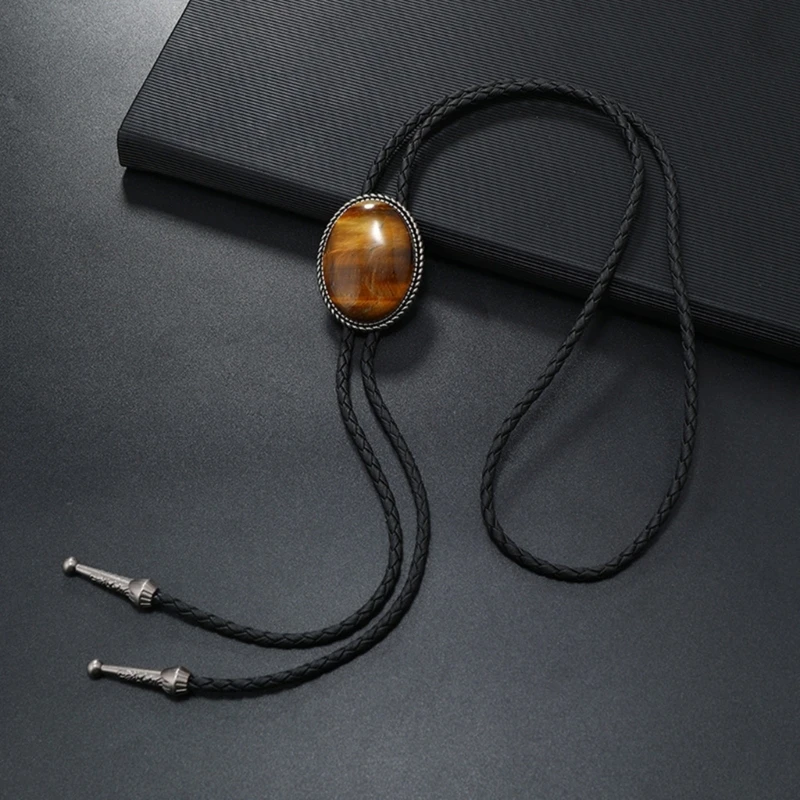 

Vintage American Bolo Tie Western Cowboy Natural Stone Pendant Braided Rope Shirt Collar Necktie Jewelry Accessories