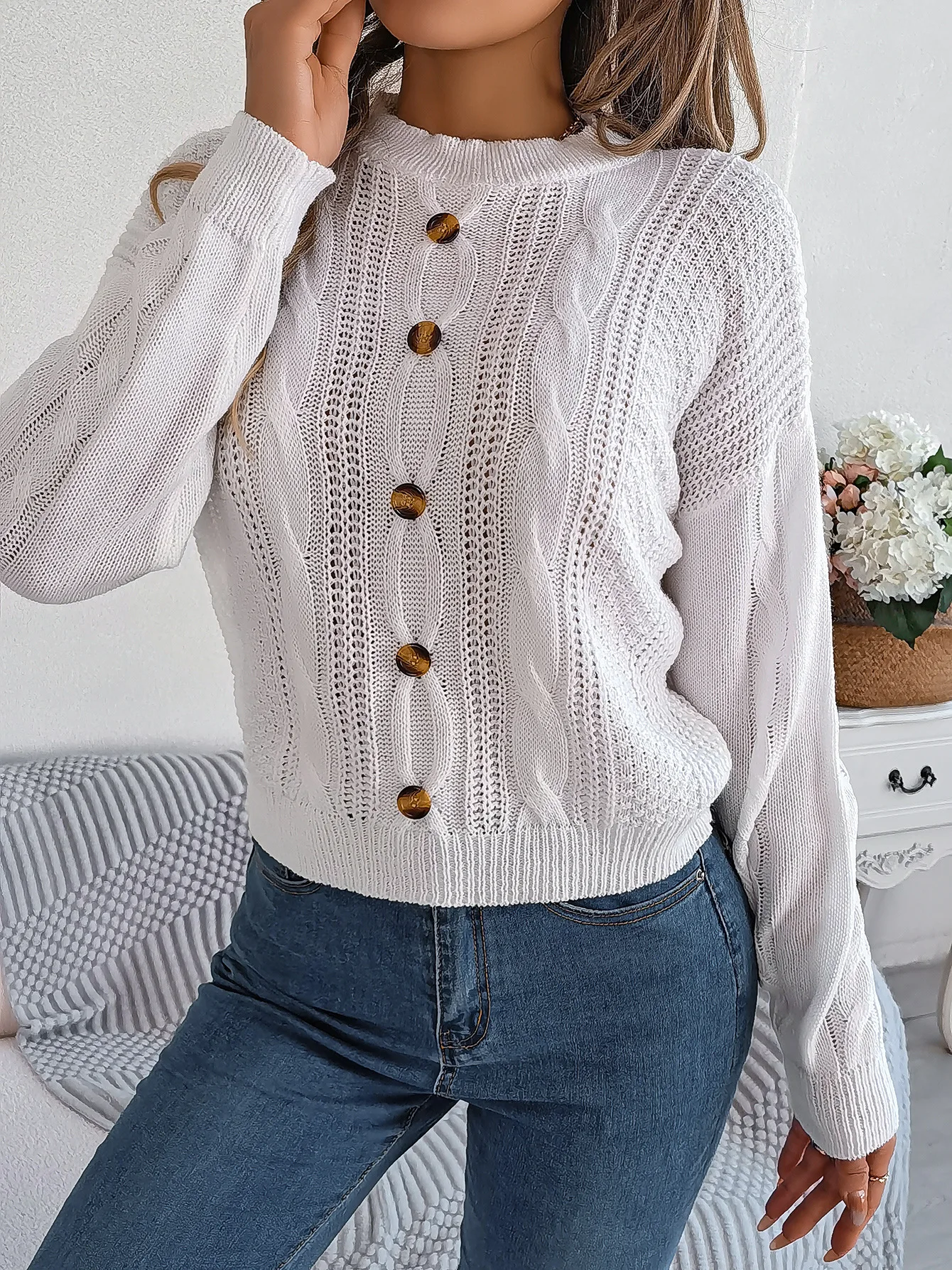

Sweater for Women Autumn and Winter New Casual Solid Color Long Sleeve Round Neck Button Twist Design Pullover Fashion Blouse