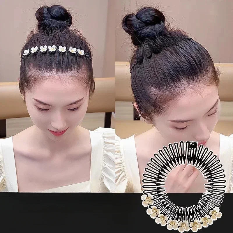 Womens Black Scrunchie Hairband for Girls Plastic Pearl Rhinestone Headband Wavy Hair Hoop Washing Face Fixed Hair Accessories
