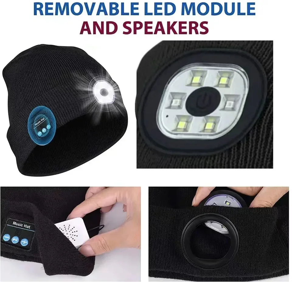 Wireless Bluetooth LED Beanie with Stereo Headset and Rechargeable Battery
