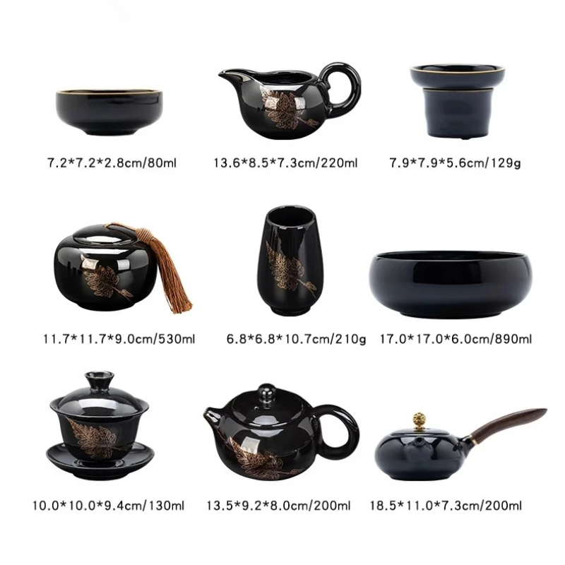 Kung Fu Tea Set for 6 People Household Chinese Style Black Gold Glazed Ceramic Tea Set Drinking Utensils Tea Pot Gaiwan Teacup