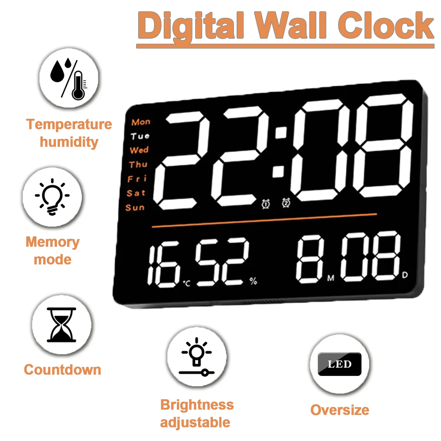 LED Digital Wall Clock Large Screen Adjustable Brightness TEMP Humidity Display Alarm Remote Control Home Decor