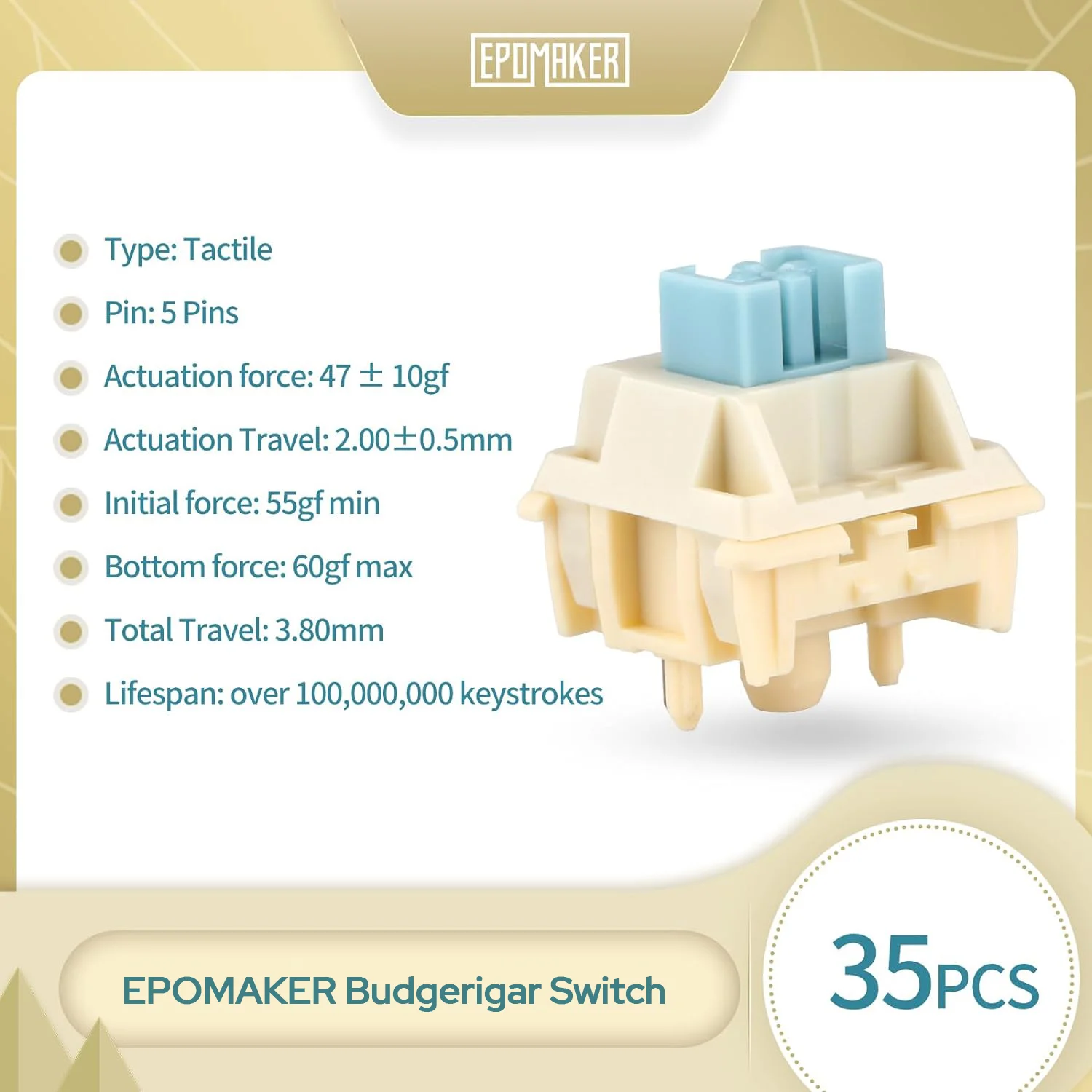 Epomaker Budgerigar Interruptores Táteis para Teclado Mecânico Fábrica Lubed Pom Stem Dupla Primavera Nylon Habitação Diy 35 Peças