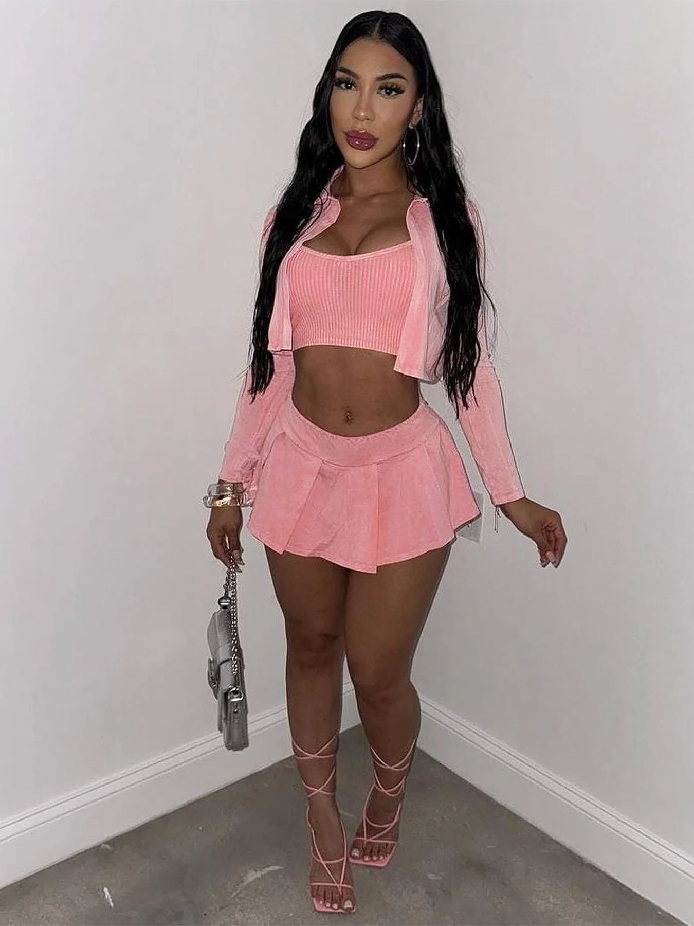 PYMQR New Solid Color Pickled Stir Fried Aged Skirt Set of Three Pieces Woman2024 Summer Streetwear Party Club Beachwear Outfits
