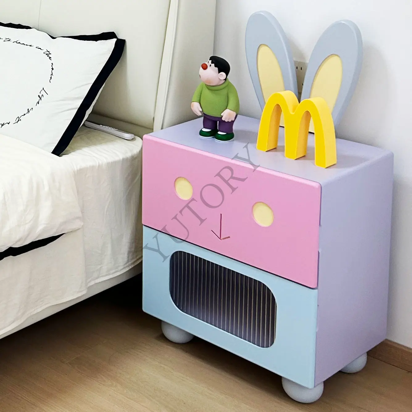 Cartoon children's bedroom lockers multi-storey bedside solid wood glass rabbit cabinet