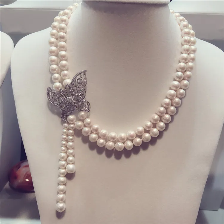 Hand knotted 8-9mm white natural freshwater pearl bow micro inlay zircon clasp tassel necklace fashion jewelry