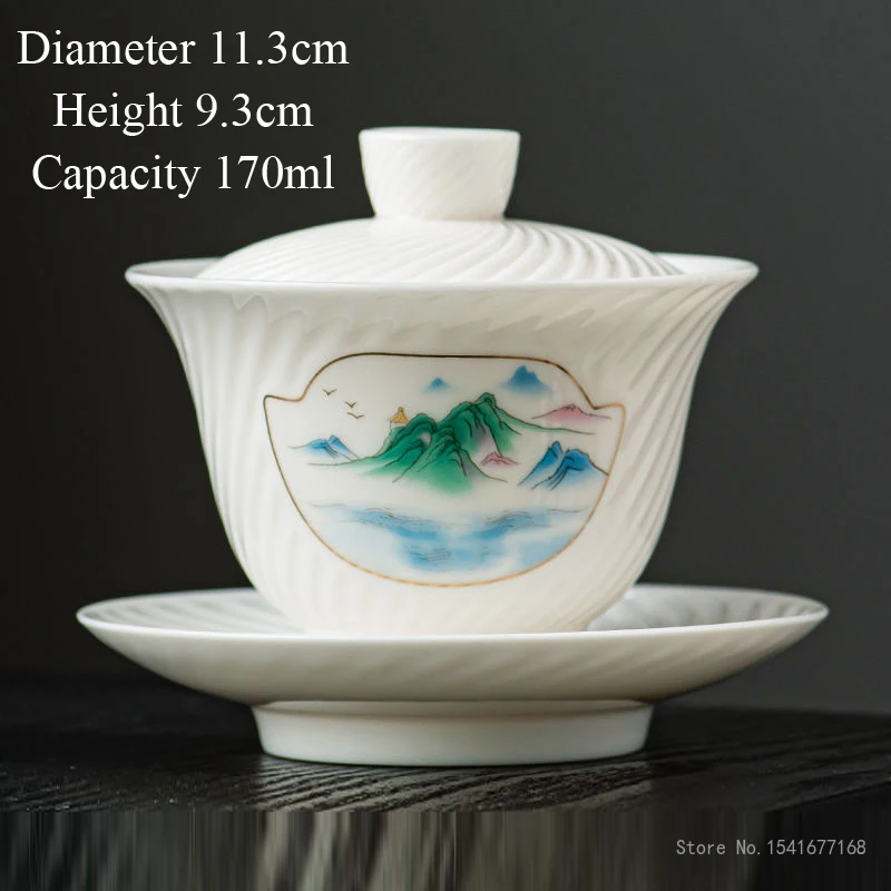 Creative White Porcelain Hovering Three Talent Covered Bowl Spiral Pattern Sheepskin Jade Porcelain Chinese Kung Fu Tea Set, 1Pc