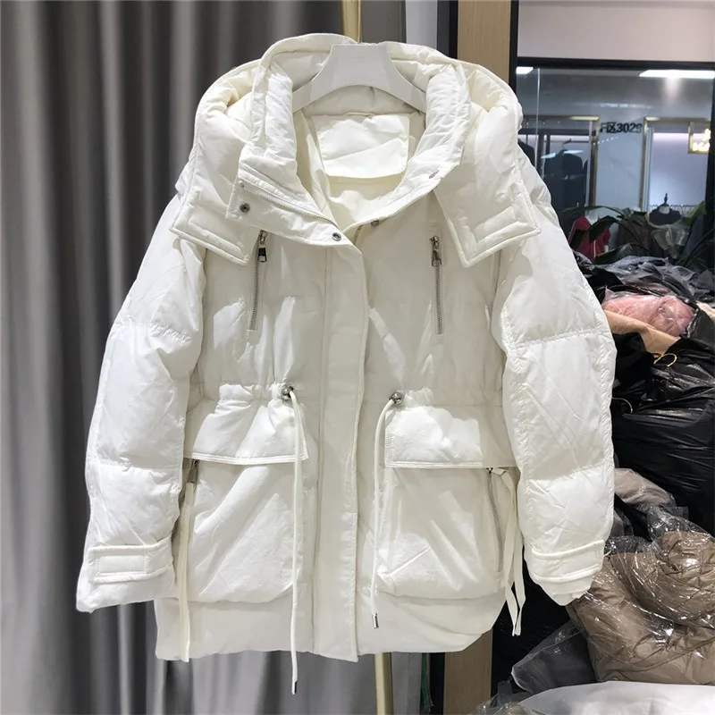 

Large pocket hooded jacket women's drawstring waist white duck down jacket 2022 winter loose casual jacket