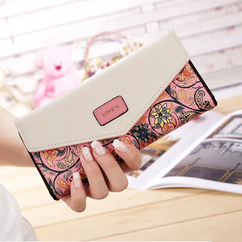 Long Envelope Women Wallet PU Leather Three Fold Printed Flowers Hasp Clutch Fashion Coin Phone Purse Card Holder |