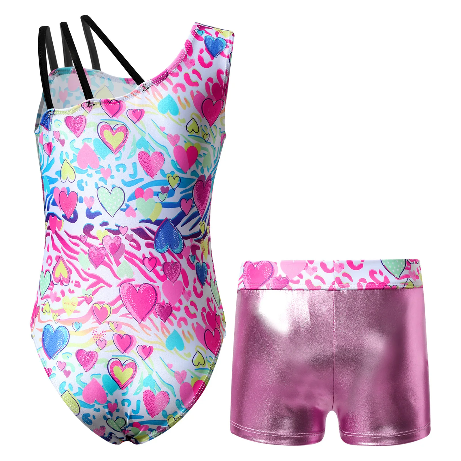 Kids Girls Sleeveless Leopard Print Gymnastics Leotard with Shorts Children Ballet Dance Outfits Gymnastics Jumpsuit Dancewear