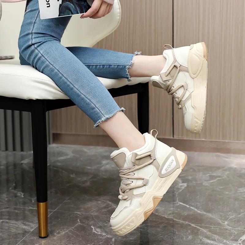 New 2023 Winter Leisure Cotton Shoes Plus Velvet Warm Increase Student Shoes Sports Matching Color Women's Shoes Street Photo