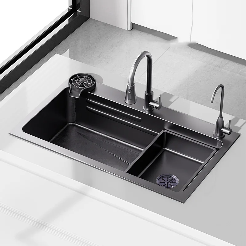 304 Stainless Steel Kitchen Sink with Functional Faucet Single Bowl Basin Workstation Topmount Black-gray with Accessories