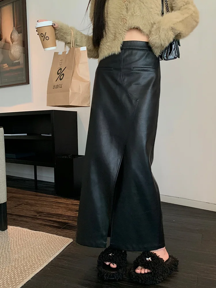 Women's High Waist Sheepskin Long Skirt, Female Slimming Skirt, Ankle Length, Wide Slit, Spring, Autumn girls high heel shoes chunky heeled ankle strap sweet square heel woman high heels pumps platform shoes 2022 spring woman shoes