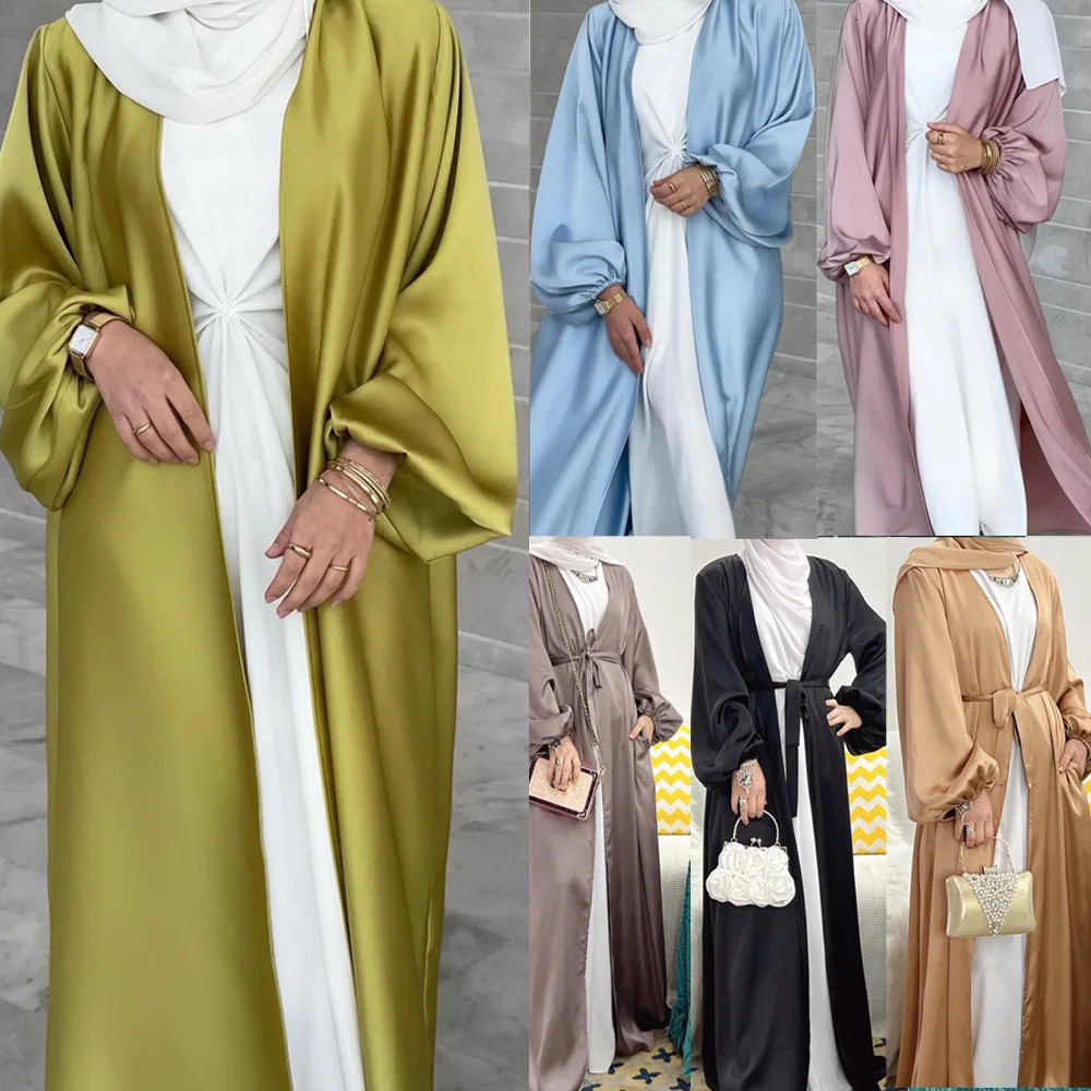 

Satin Open Abaya Kimono Turkey Bubble Sleeve Abayas for Women Dubai 2022 Muslim Fashion Hijab Dress Islam Modest Outfits Kaftan