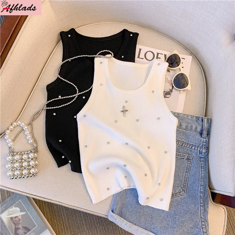 

Summer New Design Diamond Slim Fit Knitted Vest Casual Pullover T-Shirt Sleeveless Round Neck Solid Color Women's Tops