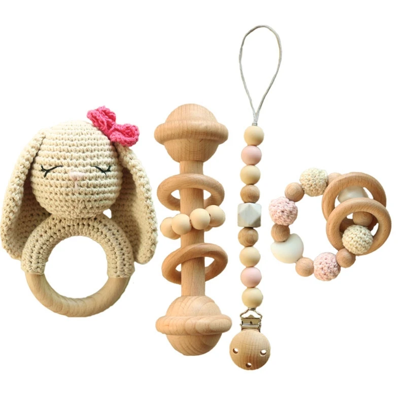 

4 Pcs/Set Baby Pacifier Chain Clip Dummy Nipple Holder Wooden Bracelet Crochet Rabbit Music Bell Teething Toy Rattle Soother