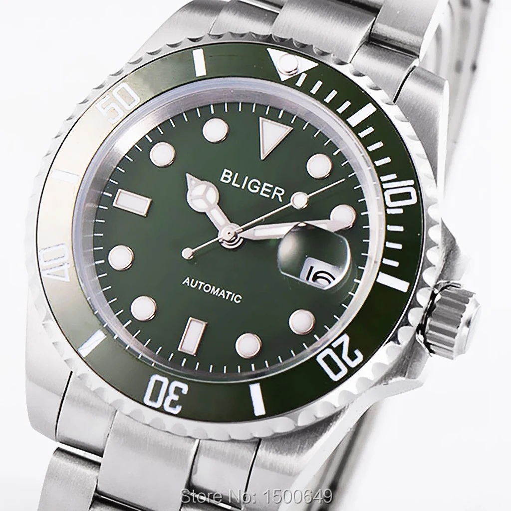 

40mm BLIGER sapphire green dial green ceramic bezel date window automatic mens Mechanical waterproof watch