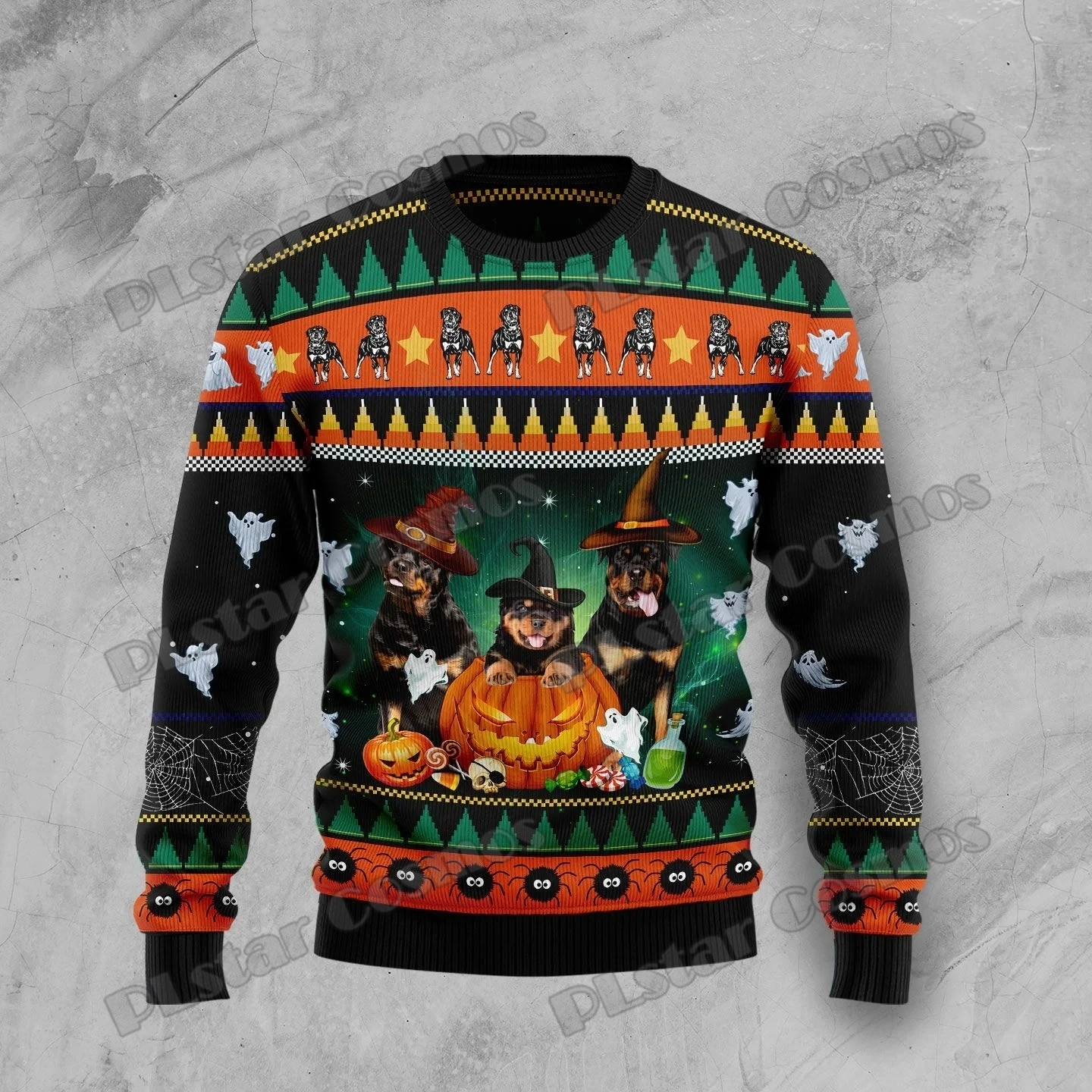 PLstar Cosmos Rottweiler Halloween 3D Printed Men's Ugly Christmas Sweater Winter Unisex Casual Knit Pullover Sweater ZZM29