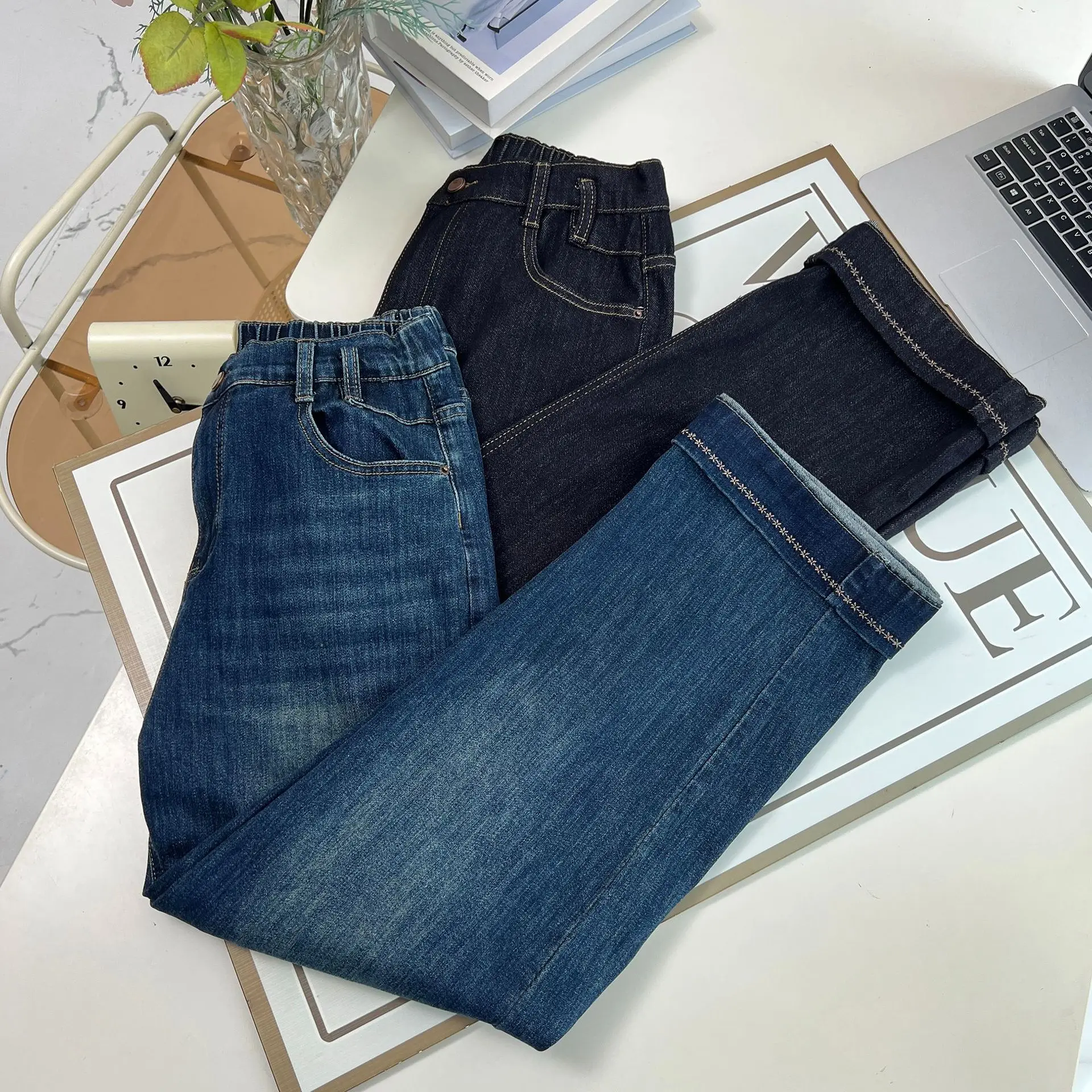 XXXXXL Fashion Plus Size Women's Jeans Autumn Of 2025 New Simple Cuffs Embroidery Denim Straight Leg Long Pants 8660