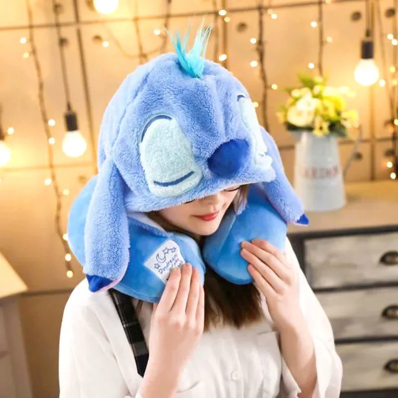 Disney Stitch Winnie Cartoon Soft Hooded U-Shape Pillow Travel Pillow Plus Hat Cushion Soft Nursing Adult Kids Pillow Gift 2