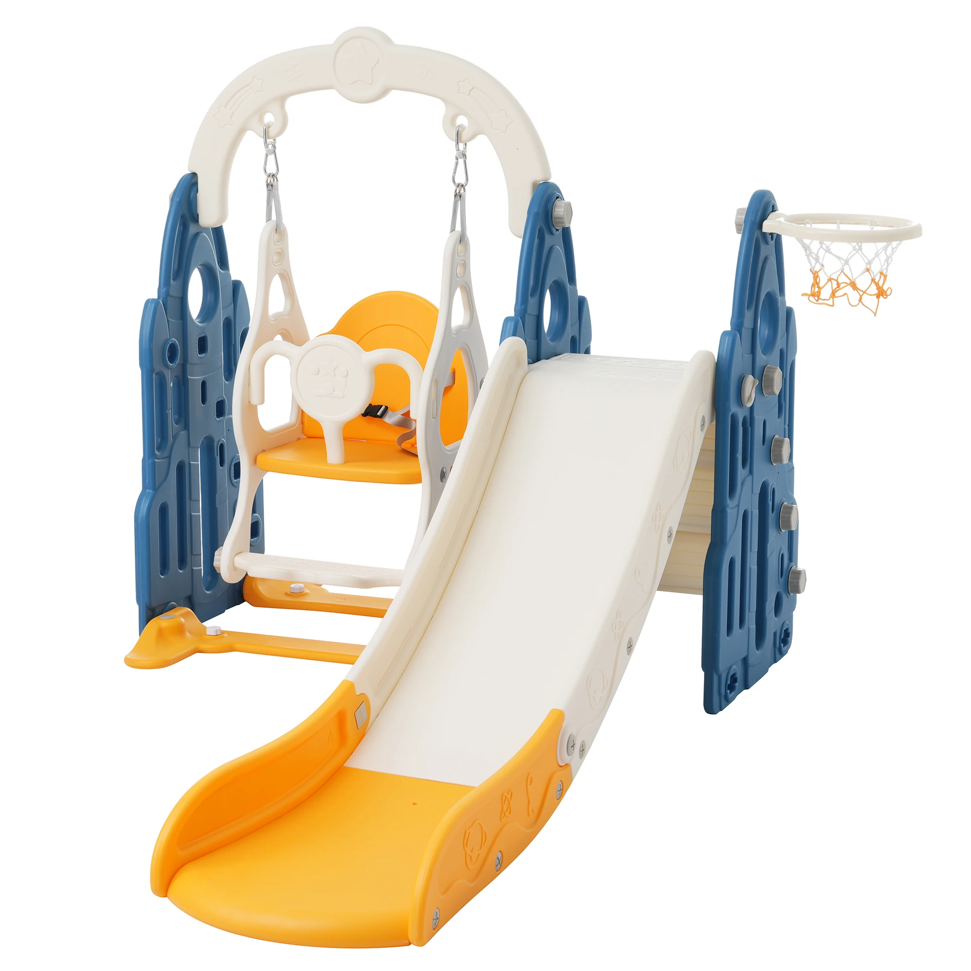 

4 in 1,Kids Playground Climber Slide Playset with Basketball Hoop,Rocket Themed Slide